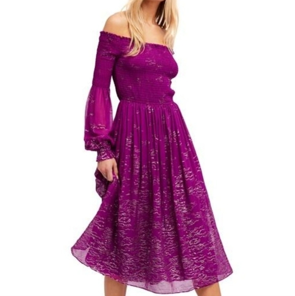 Free People Purple Foiled Smocked Midi Dress - Picture 1 of 5